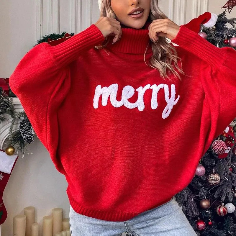 Ines - Fledermausärmel-Strickpullover mit Rollkragen und Geprägtem "Merry“ Schriftzug für Frauen