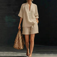 Ayla™ Baumwoll-Leinen-Set mit V-Ausschnitt-Bluse in Khaki