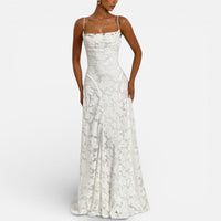 Geneviève | Damen Abendkleid Lang Spitze Spaghettiträger Elegant Festlich in Weiß