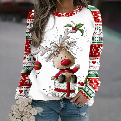 Romina - Warmer Pullover mit Rundhalsausschnitt und 3D Gedrucktem Weihnachts-Rentier für Frauen