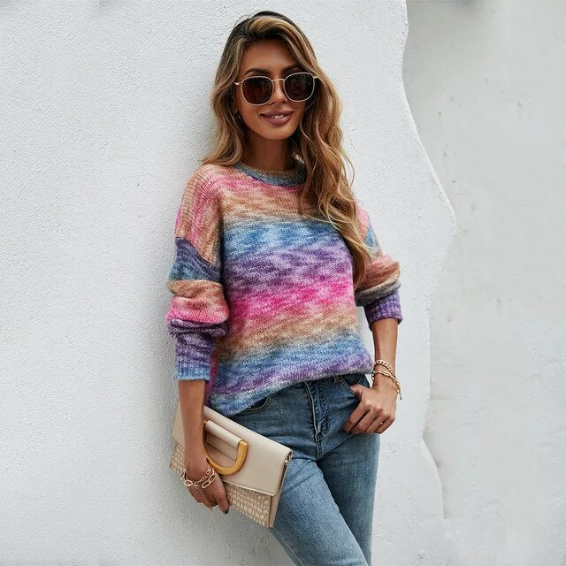 Damen Regenbogen Pullover Bunt gestrickt Pullover