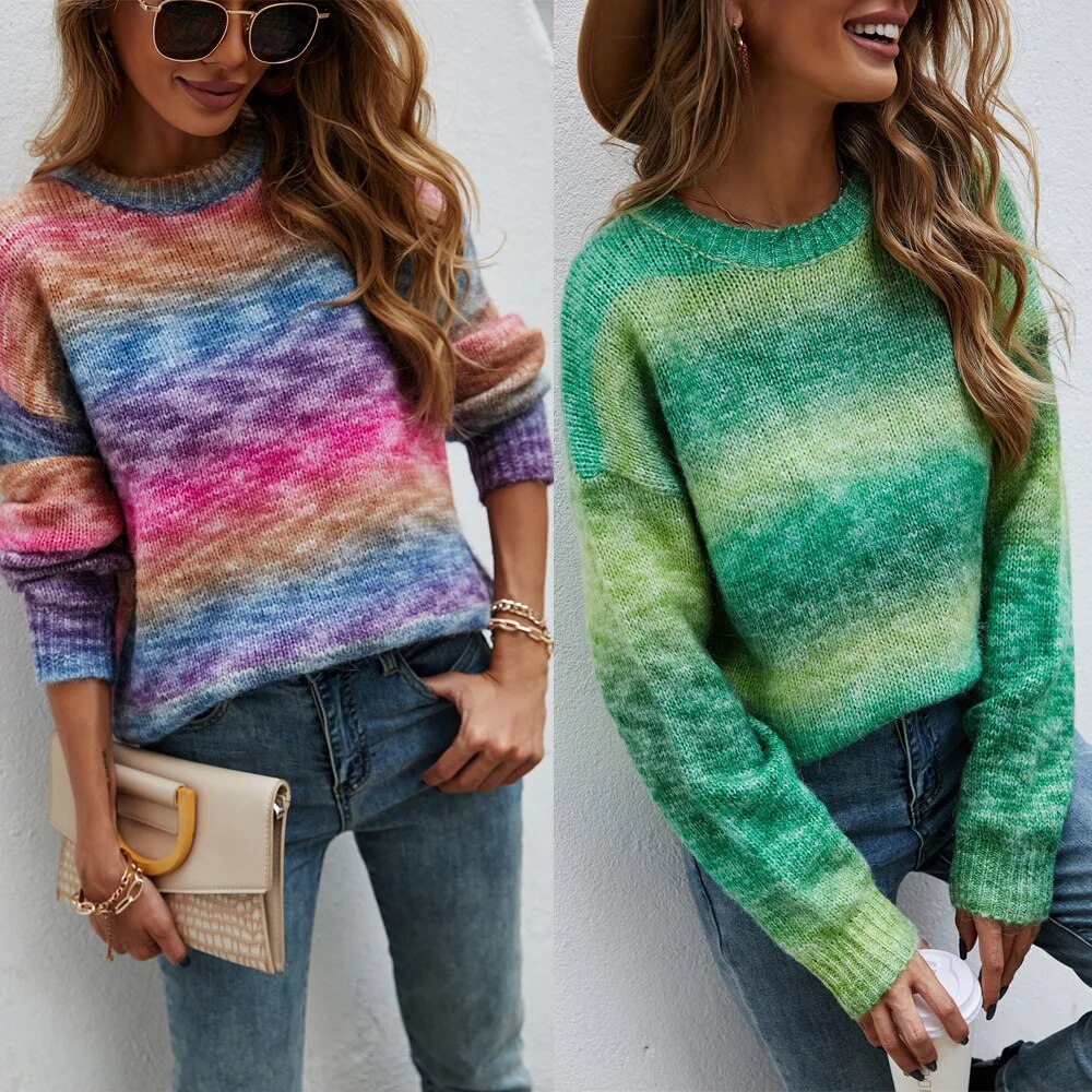 Damen Regenbogen Pullover Bunt gestrickt Pullover