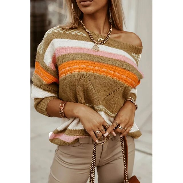 Gestreifter Pullover mit farblich abgestimmtem Jacquard-Strickpullover