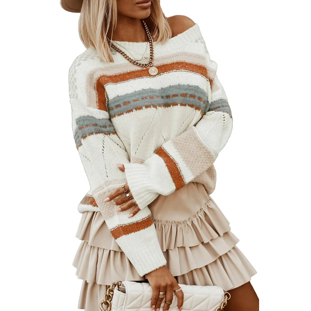 Gestreifter Pullover mit farblich abgestimmtem Jacquard-Strickpullover