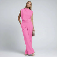 Émilie | Damen Set Jumpsuit Kurzarm Hoher Kragen Weit Modern Sommer in Rosa