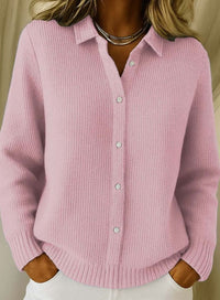 Taillierte Strickjacke Damen mit Hemdkragen Hüftlang Langarm Cardigan Weißknöpfe in Rosa
