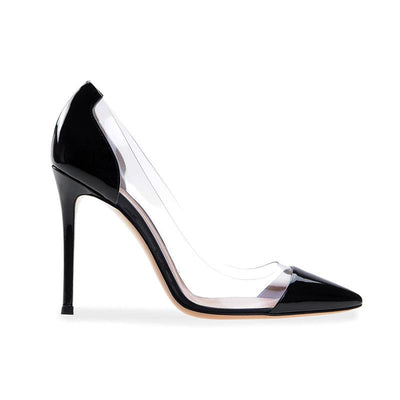 Hoher Stiletto-Pump-Absatz mit spitzer Spitze und transparentem Seitenband