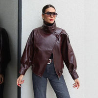 Obsidian™ Jacke aus Hochwertigem, Dickem Leder mit Strukturiertem Stehkragen in Burgunderrot