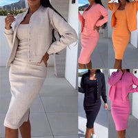Mila™ Set mit Midikleid und geknöpfter Cropped-Strickjacke in Grau