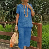 Emma™ Baumwoll-Leinen-Set mit V-Ausschnitt mit Schlitz in Hellblau