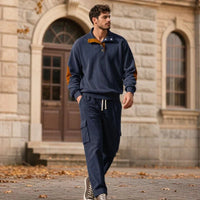 Lars™ Premium-Set aus strukturierter Strickware mit knöpfbarem Stehkragen-Oberteil in Blau