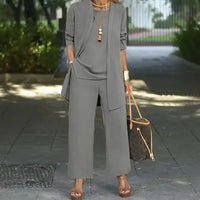 Jade™ Minimalistisches 3-Teiliges Set mit Palazzo-Hose und Langem Cardigan in Grau