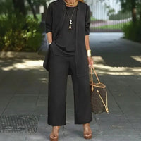 Jade™ Minimalistisches 3-Teiliges Set mit Palazzo-Hose und Langem Cardigan in Schwarz
