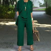 Jade™ Minimalistisches 3-Teiliges Set mit Palazzo-Hose und Langem Cardigan in Grün