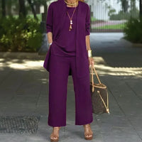 Jade™ Minimalistisches 3-Teiliges Set mit Palazzo-Hose und Langem Cardigan in Lila