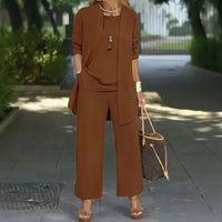 Jade™ Minimalistisches 3-Teiliges Set mit Palazzo-Hose und Langem Cardigan in Braun