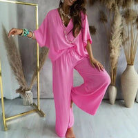 Biarritz™ Set — V-Ausschnitt-Bluse & Palazzo-Hose mit verstellbarem Kordelzugbund in Rosa