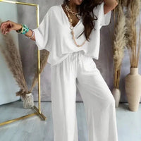 Biarritz™ Set — V-Ausschnitt-Bluse & Palazzo-Hose mit verstellbarem Kordelzugbund in Weiß