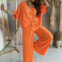 Biarritz™ Set — V-Ausschnitt-Bluse & Palazzo-Hose mit verstellbarem Kordelzugbund in Orange