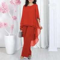 Aurevielle™ Set Mit Asymmetrischer Bluse in Lagenoptik und Weiter Pantalonhose in Rot