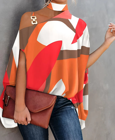 Fudus Ein-Schulter Seidenbluse - Pink Orange Streifen