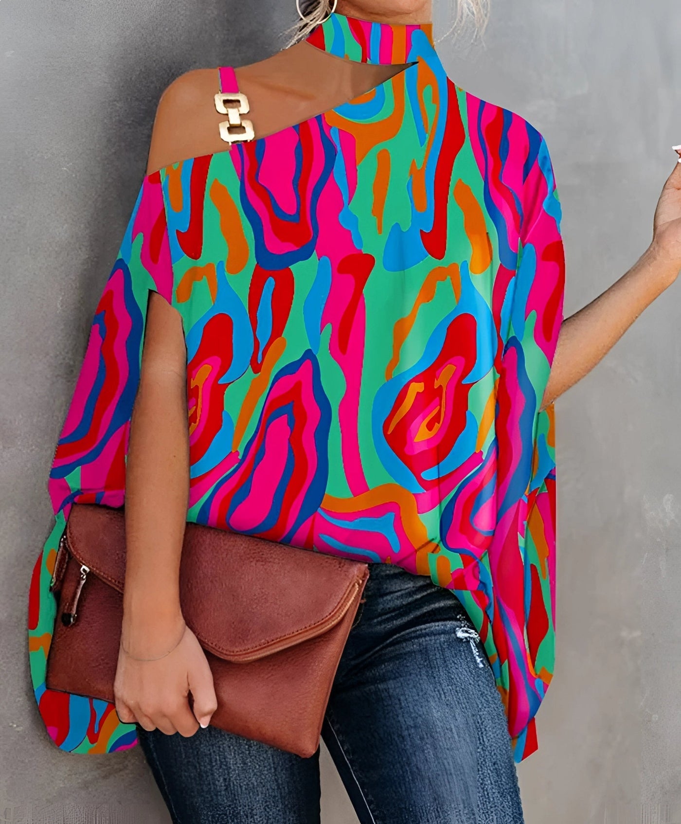 Fudus Ein-Schulter Seidenbluse - Pink Orange Streifen