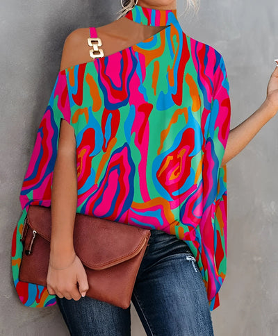 Fudus Ein-Schulter Seidenbluse - Pink Orange Streifen