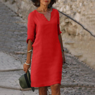 Fudus Rotes Sommerkleid mit V-Ausschnitt und Dreiviertelärmeln