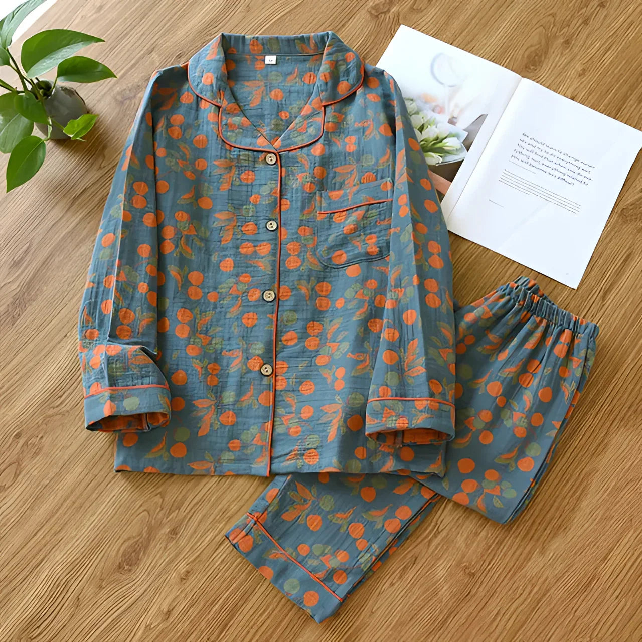 Fudus Damenpyjama Set: Orange-Blau, Baumwolle, Langarm, Elastikbund