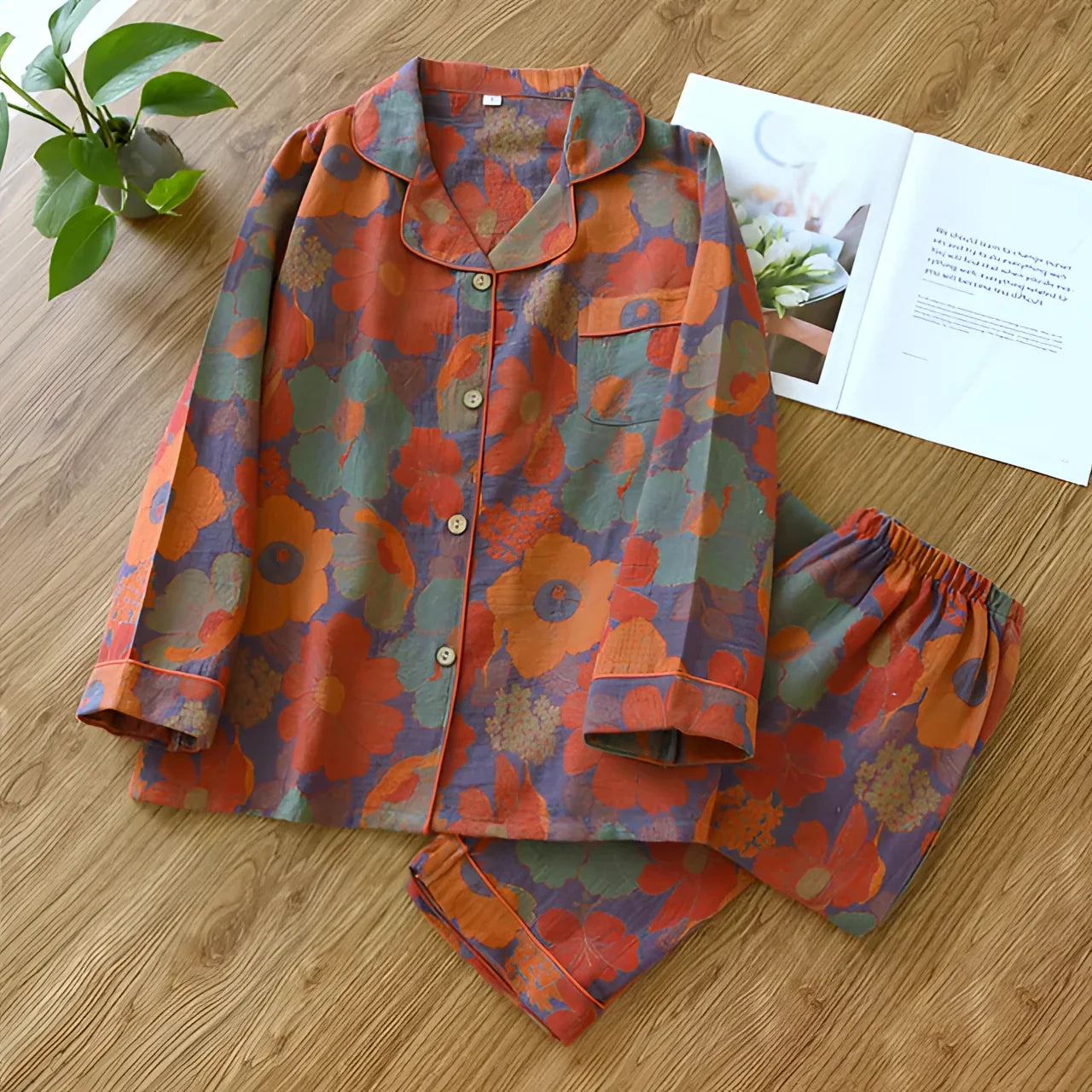 Fudus Damenpyjama Set: Orange-Blau, Baumwolle, Langarm, Elastikbund