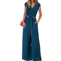 Michelle - V-Ausschnitt Crop Top mit Knoten vorne und weit geschnittene Hose Set in Türkis