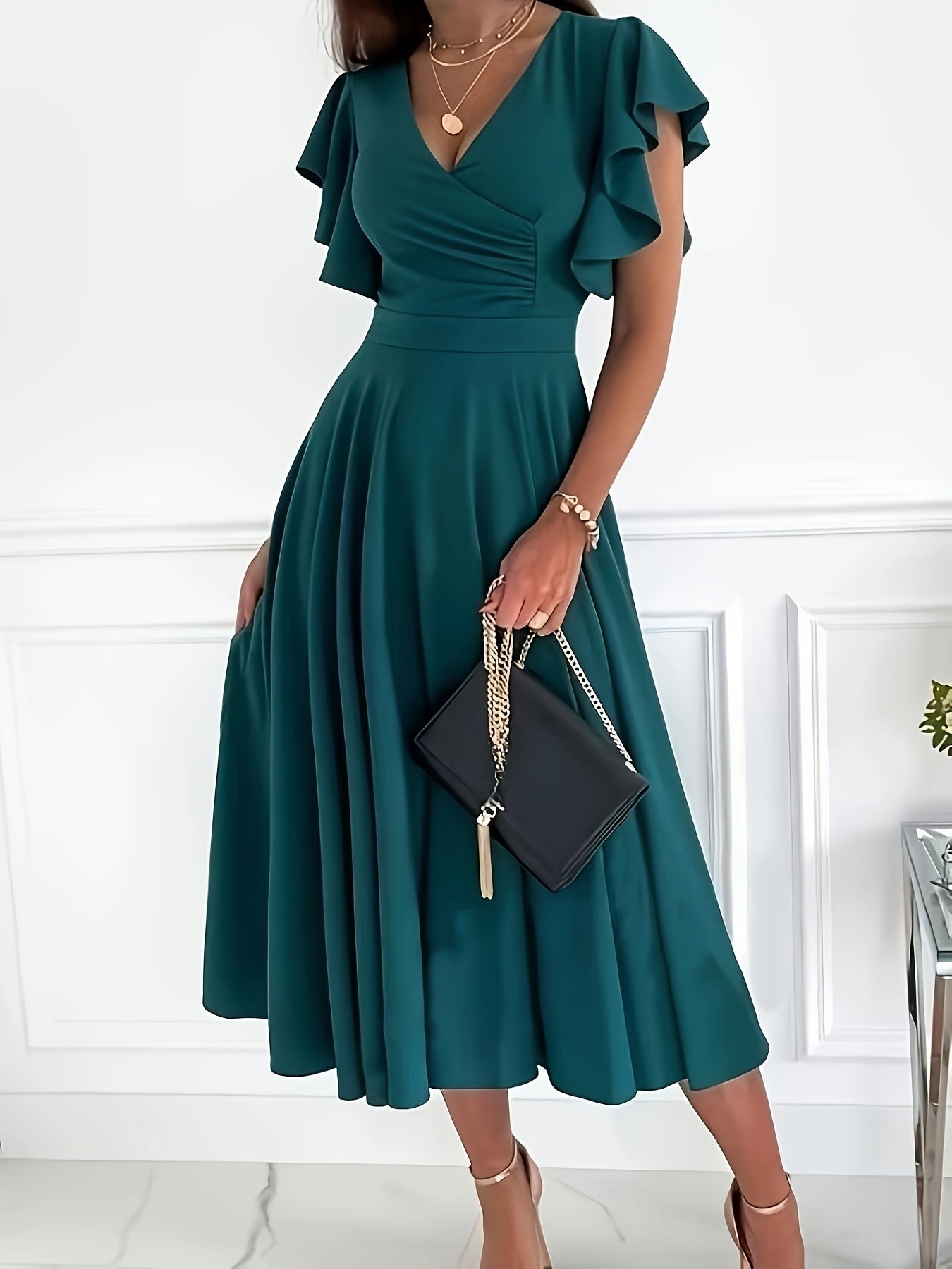 Fudus | Blaugrüne Midi Kleid Mit Volant Ärmeln