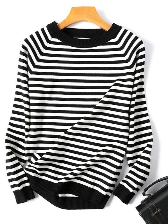 Stilvoller gestreifter Strickpullover mit Rundhalsausschnitt für Damen | Ideal für den Winter