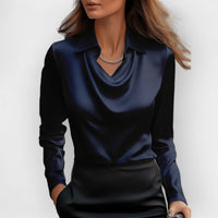 Sofia | Damen Bluse Wasserfallkragen Fließend Feminin Elegant Casual in Marineblau