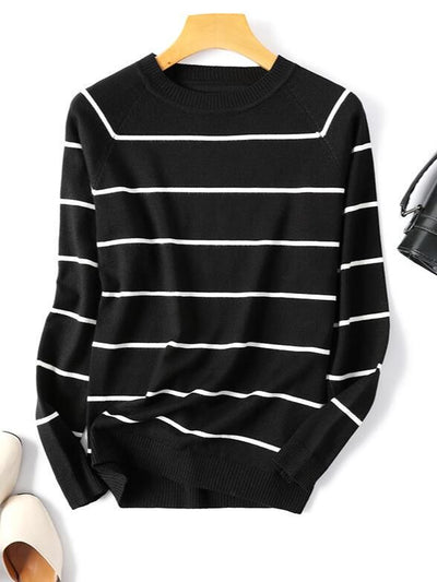 Stilvoller gestreifter Strickpullover mit Rundhalsausschnitt für Damen | Ideal für den Winter