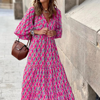 Rosa | Damen Boho Maxi-Kleid Puffärmel V-Ausschnitt Muster in Fuchsia