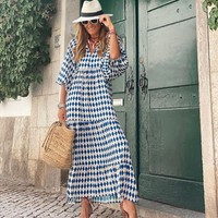 Rosa | Damen Boho Maxi-Kleid Puffärmel V-Ausschnitt Muster in Blau
