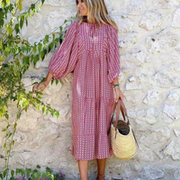 Rosa | Damen Boho Maxi-Kleid Puffärmel V-Ausschnitt Muster in Rosa
