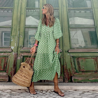 Rosa | Damen Boho Maxi-Kleid Puffärmel V-Ausschnitt Muster in Hellgrün