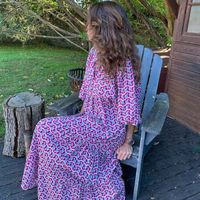 Rosa | Damen Boho Maxi-Kleid Puffärmel V-Ausschnitt Muster in Lila Blau