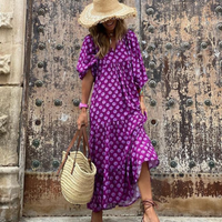 Rosa | Damen Boho Maxi-Kleid Puffärmel V-Ausschnitt Muster in Lila