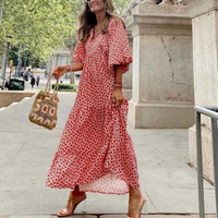 Rosa | Damen Boho Maxi-Kleid Puffärmel V-Ausschnitt Muster in Rot