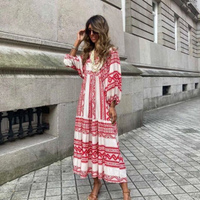 Rosa | Damen Boho Maxi-Kleid Puffärmel V-Ausschnitt Muster in Bordeaux