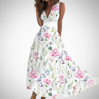 Via | Damen Maxi-Kleid Blumenprint V-Ausschnitt Ärmellos in Weiß Rosa