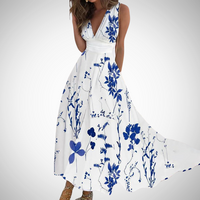Via | Damen Maxi-Kleid Blumenprint V-Ausschnitt Ärmellos in Blau-Weiß
