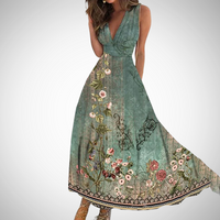 Via | Damen Maxi-Kleid Blumenprint V-Ausschnitt Ärmellos in Blau Grün