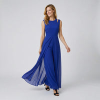 Éléonore | Damen Jumpsuit Ärmellos Weitbein Chiffon Überwurf Elegant in Blau
