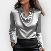 Sofia | Damen Bluse Wasserfallkragen Fließend Feminin Elegant Casual in Grau