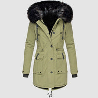 Damenparka mit Kapuze, Knöpfen und Taschen in Grün