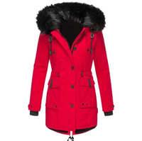 Damenparka mit Kapuze, Knöpfen und Taschen in Rot
